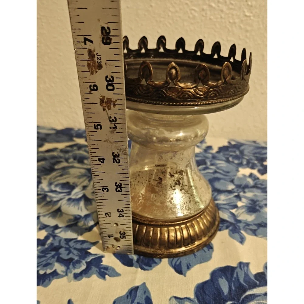 Pottery Barn Mercury Glass & Metal candle holder pillar Silver/Brown 6.5
